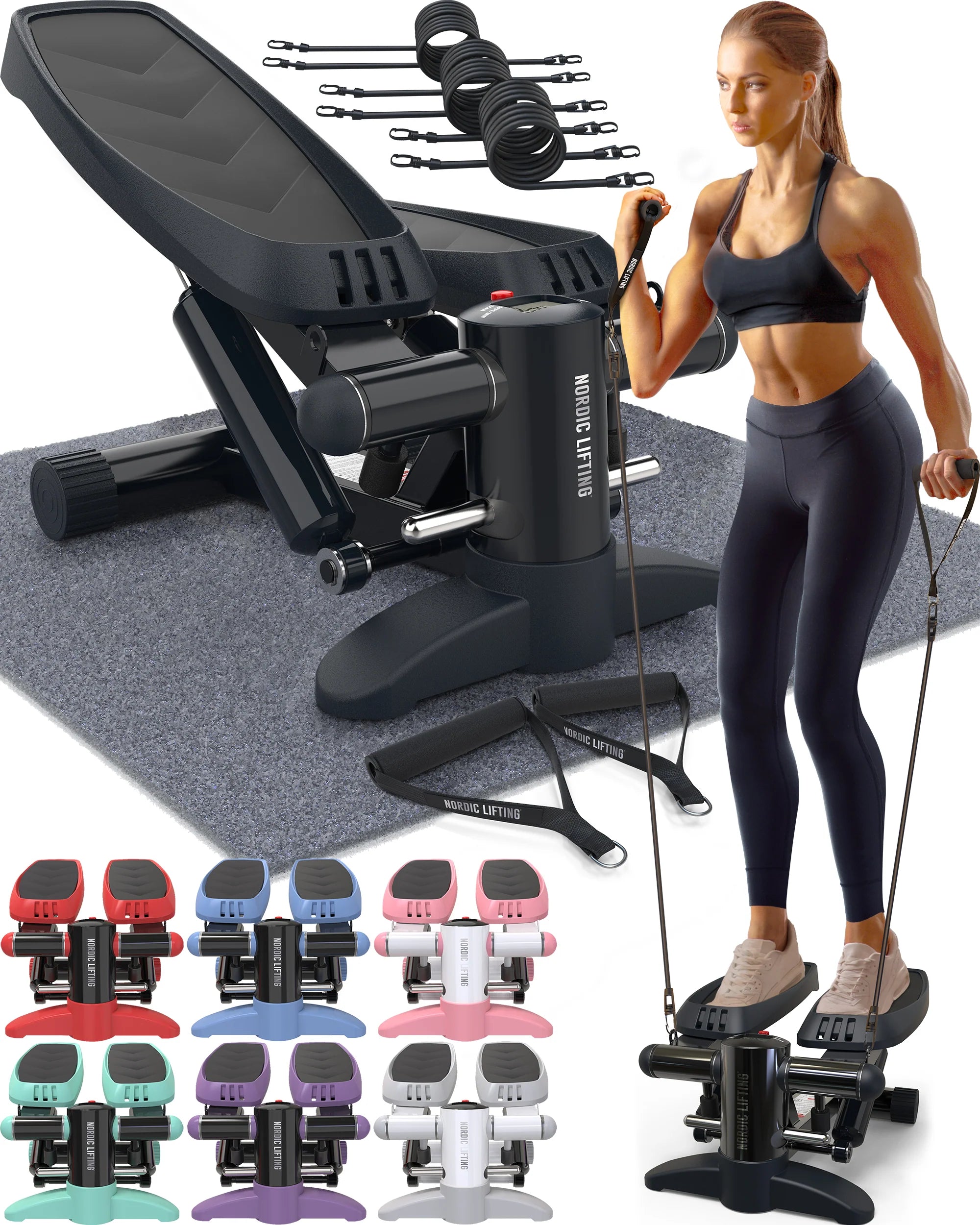 Home Workout Mini Stepper - W/ Resistance Bands Set and Built-In Tracking Monitor